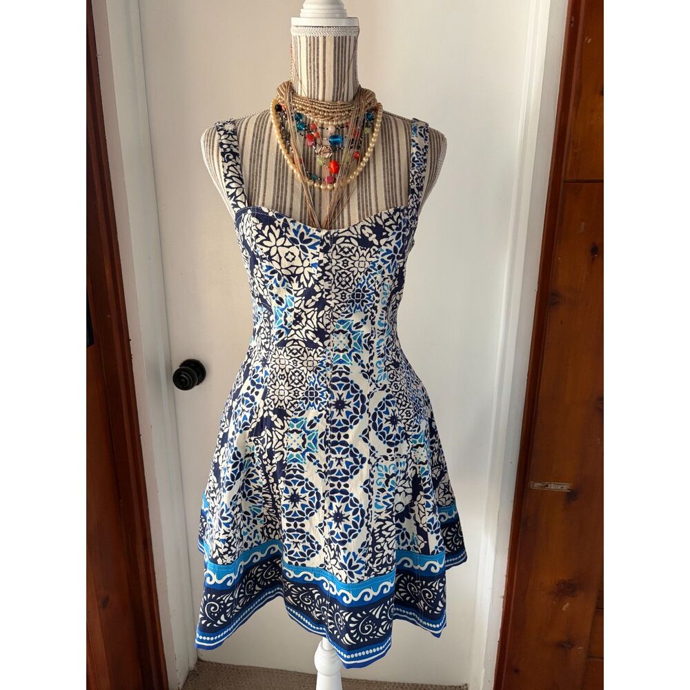 NWT Avec Les Filles Blue and White Patterned Dress 8 Med Summer Style Travel